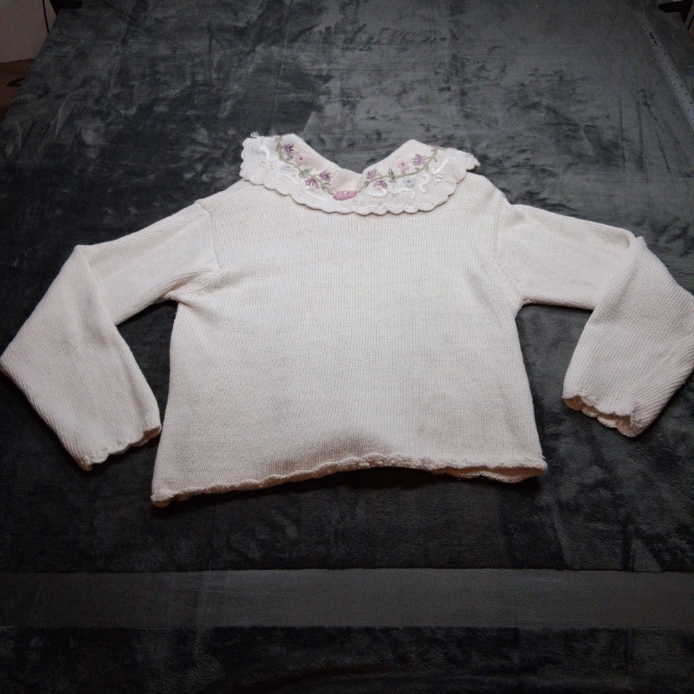 Dana Scott Cream Floral Embroidered Cardigan Sweater Pearl Accents Medium - Picture 5 of 8